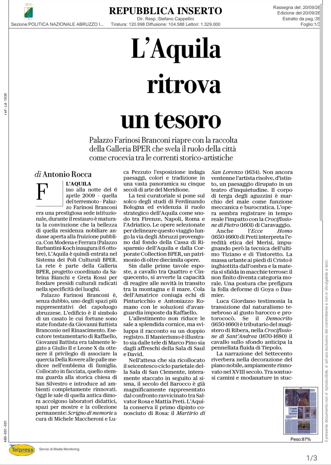 la Repubblica, 20 settembre 2026 - L'Aquila ritrova un tesoro, pagina 1