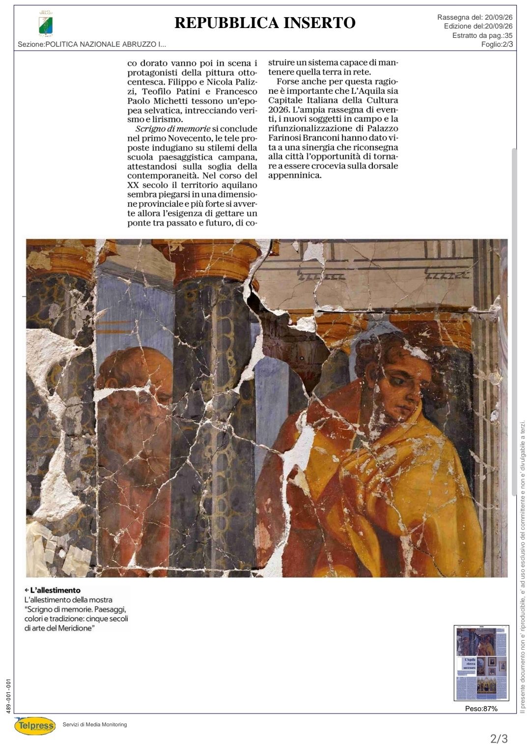 la Repubblica, 20 settembre 2026 - L'allestimento con l'affresco della Sala di San Clemente, pagina 2